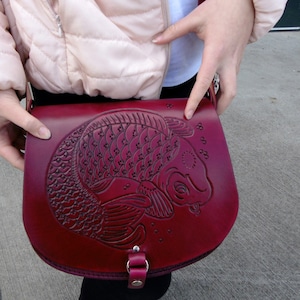 Leather handbag with koi carp in red handcrafted