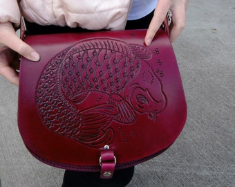 Leather handbag with koi carp in red handcrafted