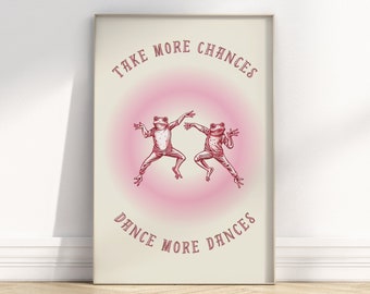 Pink Retro Dancing Frogs Wall Print "Take More Chances" Vintage Frog Illustration Cute Frogs Print Positive Poster 70s Pink Print Trendy Now