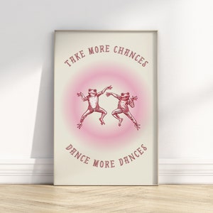 Pink Retro Dancing Frogs Wall Print &quot;Take More Chances&quot; Vintage Frog Illustration Cute Frogs Print Positive Poster 70s Pink Print Trendy Now