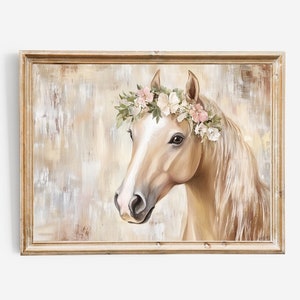 Blumenkrone Pferdemalerei Druck, kokette Ästhetik Vintage-Stil Western Poster druckbare Zeichnungen, Boho Mädchen Wand-Dekor digitaler Download