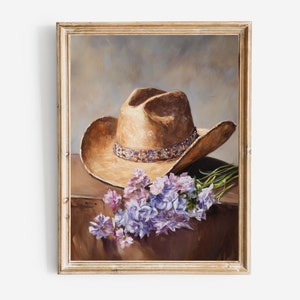Coastal Cowgirl Hat Painting, Dorm Room Wall Art, Vintage Style Western Poster, Printable Boho Cowboy Country Preppy Print, Purple Flowers