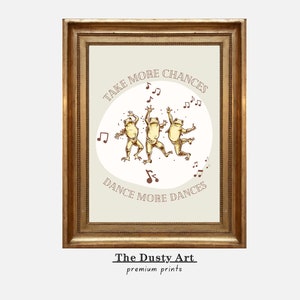 Retro Dancing Frogs Wall Print &quot;Take More Chances&quot; Vintage Frog Illustration Cute Frogs Print Positive Poster Trendy 70s Print Neutral Color