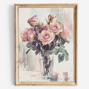 Cuadro de rosas suaves de color rosa pastel en un jarrón, impresión de arte decorativo para pared, póster de naturaleza muerta de estilo retro vintage, decoración de granja boho imprimible