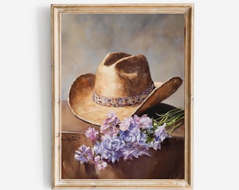 Coastal Cowgirl Hat Painting, Dorm Room Wall Art, Vintage Style Western Poster, Printable Boho Cowboy Country Preppy Print, Purple Flowers