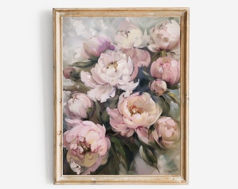 Obraz z pastelowym różowym kwiatem piwonii, plakat ścienny do pokoju w akademiku w stylu vintage, wystrój mieszkania w stylu boho dla dziewcząt, estetyka kokietki, pobieranie cyfrowe