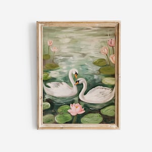 Witte zwaanlelies olieverfschilderij, groen roze girly appartement decor, coquette esthetische slaapzaal poster, zachte pastel zwaan hart artwork