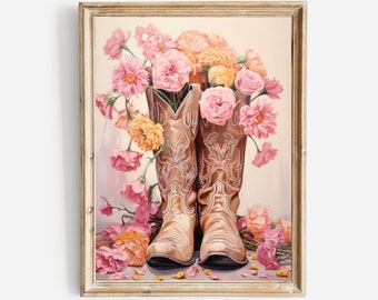 May include: A pair of brown cowboy boots with floral embroidery are filled with pink and yellow flowers. The boots are set against a light background.