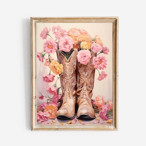 Bottes de cow-girl fleuries peinture impression dortoir art mural style vintage rose affiche western fille bohème imprimable décoration murale téléchargement numérique