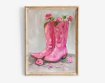 Floral Cowgirl Boots Painting Print, Dorm Room Wall Art, Vintage Style Bright Pink Western Poster, Printable Boho Girl Wall Decor