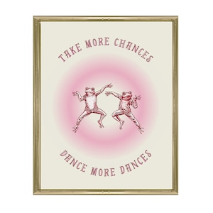 Impresión de pared con ranas bailarinas retro de color rosa "Take More Chances" Ilustración de rana vintage Impresión de ranas lindas Póster positivo Impresión rosa de los años 70 Tendencia actual