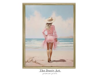 Pink Coastal Cowgirl Print CowGirl on the Beach Poster Wall Art Dorm Western Girl Room Wall Art Retro Boho Decor Trendy Now Digital Download