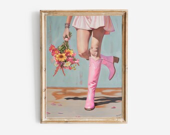 Cowgirl in Pink Boots with Flowers, Dorm Room Wall Art Painting, Vintage Style Western Poster, Printable Boho Girly Decor, Digital Download