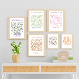 Flower Market Print, Set of 6, Botanical Wall Art, Floral Decor Posters, Neutral Minimalist Flower Poster, Wall Art Set, Digital Download