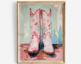 Coastal Cowgirl Boots Painting Print, Dorm Room Wall Art, Vintage Style Pink Western Poster, Printable Boho Southern Girl Nursery Decor