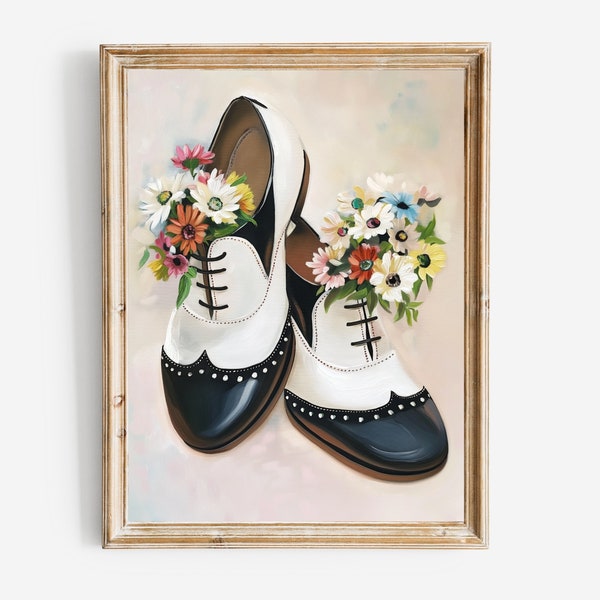 Floral Swing Dance Shoes Painting Poster, Vintage Style Artwork, Dorm Room Wall Art, Shoes Drawing, Dance Teacher Gift, Digital Download