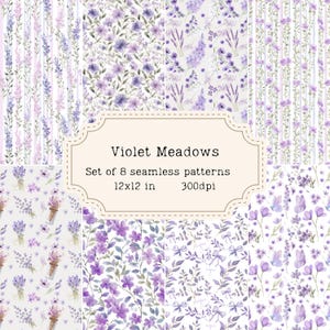 8 Purple Floral Seamless Pattern Repeat Bundle, Lilac Flower Botanical Digital Scrapbook Paper, Violet Watercolor Cottagecore Download 12x12