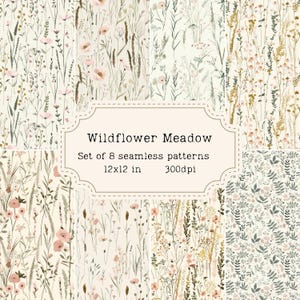 Wildblumen Wiese Nahtloses Muster-Wiederholungsset, 8 Weiche Vintage Blumen, 12x12 ""Digitales Papier, 300 DPI Scrapbook-Hintergründe, sofortiger Download."