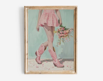 Cowgirl in Pink Boots with Flowers, Dorm Room Wall Art Painting, Vintage Style Western Poster, Printable Boho Girly Decor, Digital Download