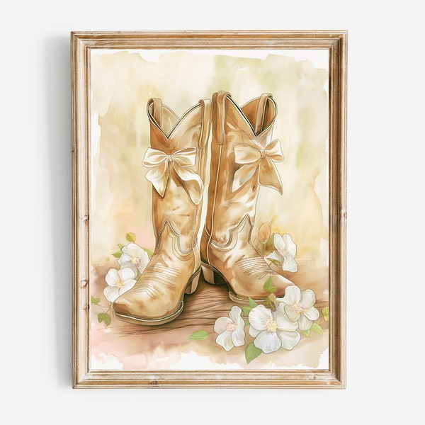 Floral Cowgirl Boots Bowtie Painting, Dorm Room Wall Art Western Poster Printable Boho Girl Wall Decor Digital Download, Drawn Vintage Shoes