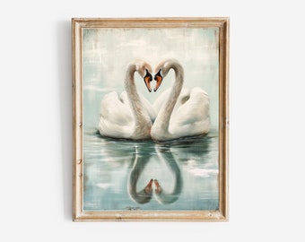 White Swans in the Lake Oil Painting Print, Blue Girly Apartment Decor, Coquette Aesthetic Dorm Room Poster, Soft Pastel Swan Heart Artwork