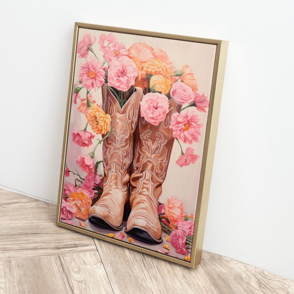 Floral Cowgirl Boots Painting Print Dorm Room Wall Art Vintage Style Pink Western Poster Boho Girly Wall Decor Boots Flowers Physical Print