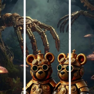 May include: Two steampunk-style teddy bears with brass-colored armor, goggles, and cogwheel details. The bears stand in a forest setting with mechanical hands and gears in the background. The overall color palette is gold and brown.