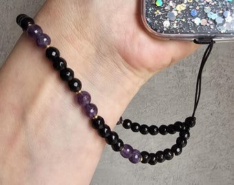 オニキスとアメジストの携帯チャーム、魔女風のお守り、ゴシッククリスタルストラップ、エンパス