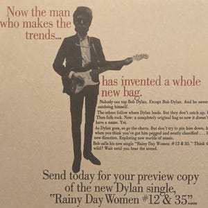 Affiche Bob Dylan - Rainy Day Woman on Columbia records 1966 A2 reproduite à partir d'illustrations originales sur du papier Eco Kraft 280 gsm de style vintage,