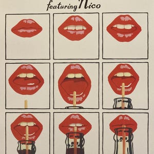 May include: Album artwork for Andy Warhol's Velvet Underground featuring Nico. The design shows nine panels of red lips in different positions. The album title is in black script at the top of the cover.