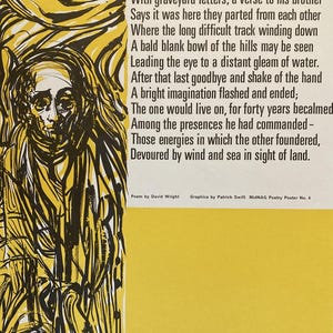Puede incluir: Un póster de poesía vintage con un fondo amarillo e ilustraciones en blanco y negro. El póster presenta un poema de David Wright y gráficos de Patrick Swift. El texto incluye el título del poema y los nombres de los artistas.