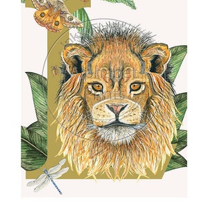 Póster de animales para dormitorio infantil y guardería - L de León, diseño original pintado a mano con acuarelas y firmado por Lisa Read