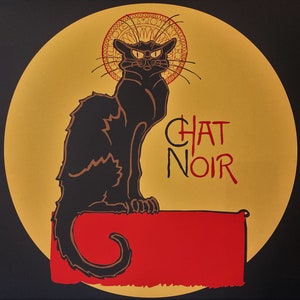 May include: A black cat with a halo sits on a red stage with the text "CHAT NOIR" in gold and black letters on a gold background.