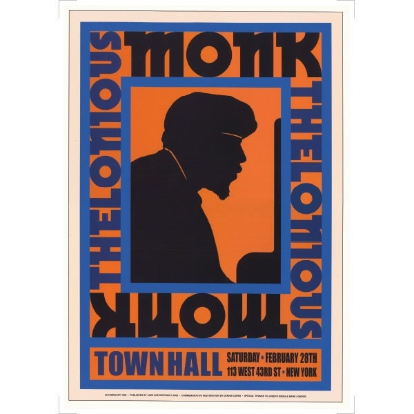 Thelonious Monk Jazz concert Poster - Live At The Town Hall, New York City USA 1959. Fantastic brand new commemorative edition in A2 size