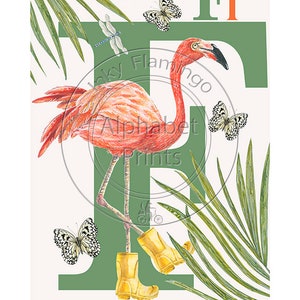Póster de animales para dormitorio infantil y guardería - F es Flamingo, diseño original pintado a mano con acuarelas y firmado por la artista Lisa Read