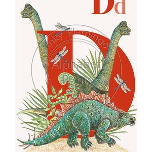 Childrens bedroom and nursery print- D is Dinosaur, original design beautifully hand painted with watercolors and signed by artist Lisa Read