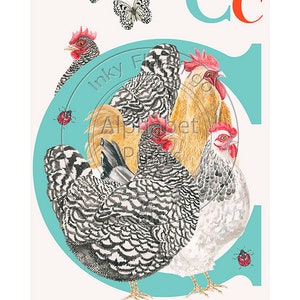 Childrens bedroom and nursery poster - C is for Chickens, beautifully designed hand painted with watercolors and signed by artist Lisa Read