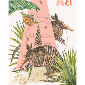 Impresión de póster de animales para dormitorio infantil y guardería- A es para Armadillo, diseño original pintado a mano con acuarelas y firmado por Lisa Read