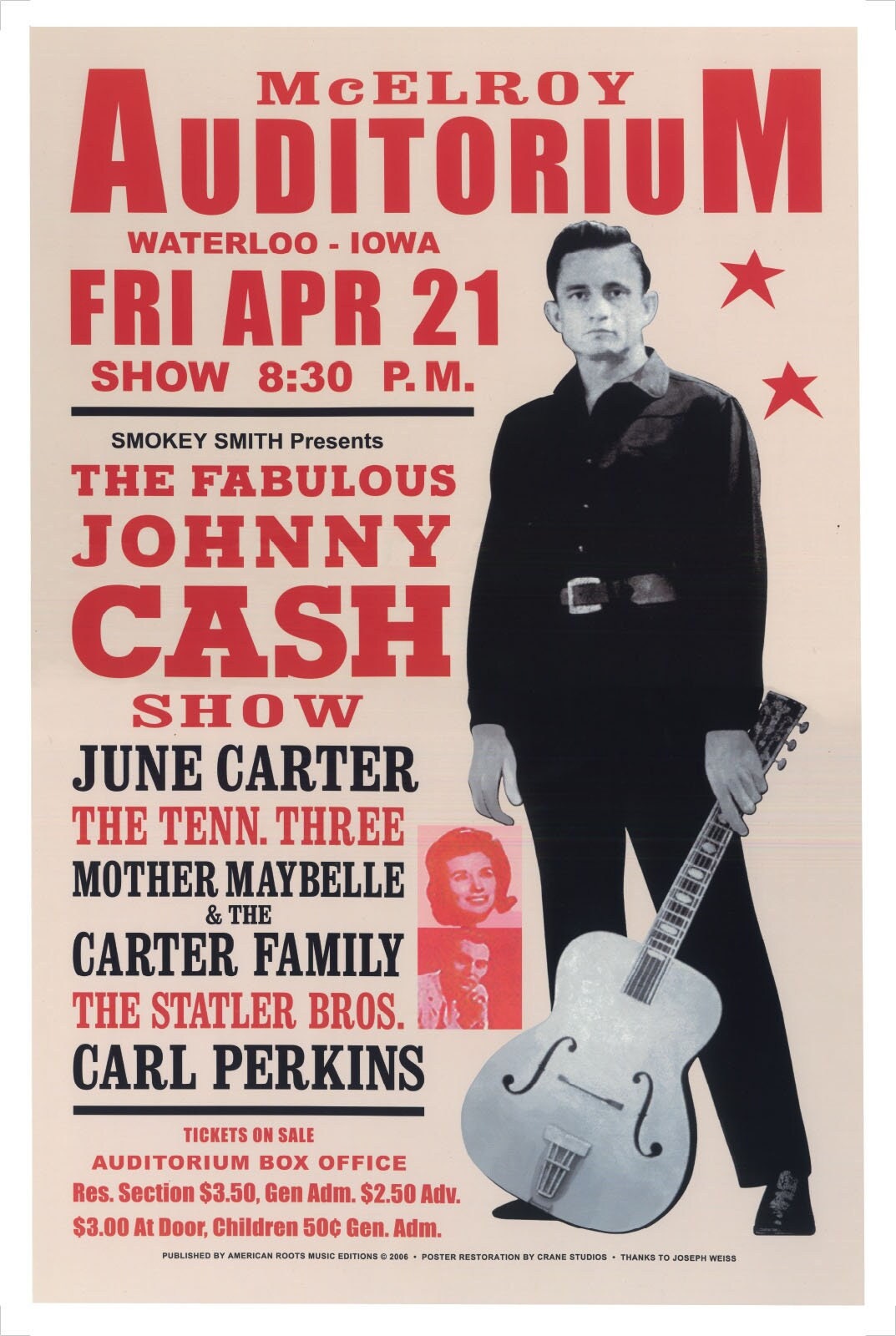 Johnny Cash Concert Promotional poster Live In Iowa USA 1967 - Fantastic  brand new reprinted edition in A2 size, image size:1073x1600