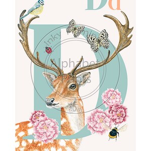 Childrens bedroom and nursery animal poster - D is Deer, beautifully designed hand painted with watercolors and signed by artist Lisa Read