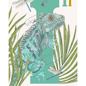 Childrens bedroom and nursery animal poster print - I is Iguana original design hand painted with watercolors and signed by artist Lisa Read