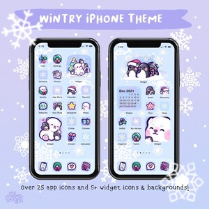 May include: A winter-themed iPhone home screen with custom app icons and widgets. The icons feature penguins, polar bears, and snowflakes on a light blue background. The widgets include a calendar, a clock, and a weather widget. The text "Dec 2021" is displayed on the calendar widget.