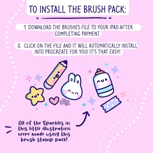 Puede incluir: Un fondo rosa con lunares blancos y un borde de l&iacute;nea discontinua blanca. El texto "TO INSTALL THE BRUSH PACK" est&aacute; en la parte superior de la imagen. El texto "1. DOWNLOAD THE BRUSHES FILE TO YOUR IPAD AFTER COMPLETING PAYMENT." est&aacute; debajo del t&iacute;tulo. El texto "2. CLICK ON THE FILE AND IT WILL AUTOMATICALLY INSTALL INTO PROCREATE FOR YOU! IT'S THAT EASY!" est&aacute; debajo de la primera instrucci&oacute;n. La imagen muestra un l&aacute;piz, un conejito, una botella y un rollo de cinta adhesiva. El texto "All of the Sparkles in this little illustration were made using this brush stamp pack!" est&aacute; en la parte inferior de la imagen.