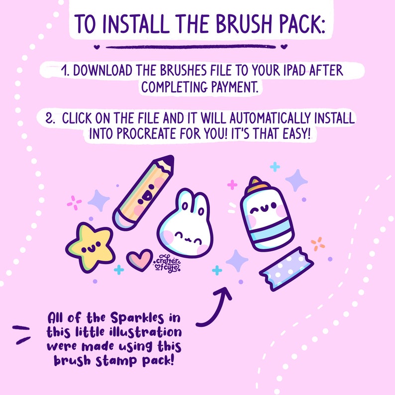 Puede incluir: Un fondo rosa con lunares blancos y un borde de l&iacute;nea discontinua blanca. El texto "TO INSTALL THE BRUSH PACK" est&aacute; en la parte superior de la imagen. El texto "1. DOWNLOAD THE BRUSHES FILE TO YOUR IPAD AFTER COMPLETING PAYMENT." est&aacute; debajo del t&iacute;tulo. El texto "2. CLICK ON THE FILE AND IT WILL AUTOMATICALLY INSTALL INTO PROCREATE FOR YOU! IT'S THAT EASY!" est&aacute; debajo de la primera instrucci&oacute;n. La imagen muestra un l&aacute;piz, un conejito, una botella y un rollo de cinta adhesiva. El texto "All of the Sparkles in this little illustration were made using this brush stamp pack!" est&aacute; en la parte inferior de la imagen.