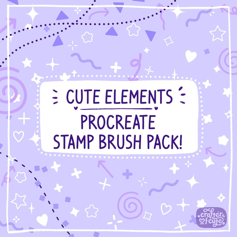 Puede incluir: Un fondo morado con elementos de garabatos blancos y rosados. El texto "CUTE ELEMENTS PROCREATE STAMP BRUSH PACK!" est&aacute; en un cuadro blanco con un contorno negro.
