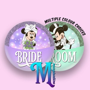 Mickey and Minnie - Bride and Groom - Custom/Personalised Disney Inspired Button/Badge/Pin! 75mm