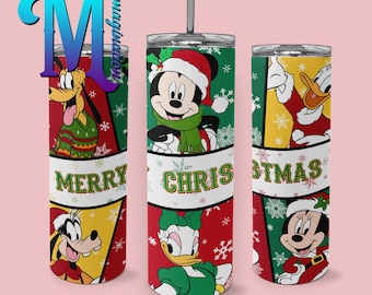 Mickey y sus amigos Feliz Navidad - Vaso de acero inoxidable reutilizable de 20 oz inspirado en Disney personalizado / Minnie Mouse Donald Daisy Pluto