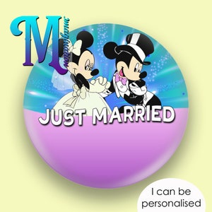 Mickey and Minnie – Just Married - Custom/Personalised Disney Inspired Button/Badge/Pin! 75mm