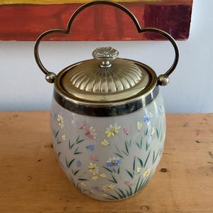 Antique Hand Painted Enamel Glass Biscuit Barrel Jar, Silver Plated Handle & Lid