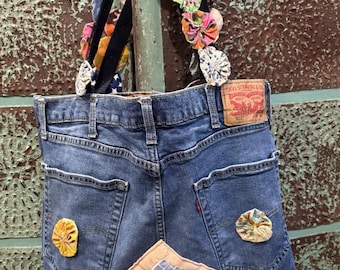 Handmade Up-Cycled Vintage Levi 512 Denim & Quilt Tote Bag w/ Vintage Yo-Yo Quilt Handles